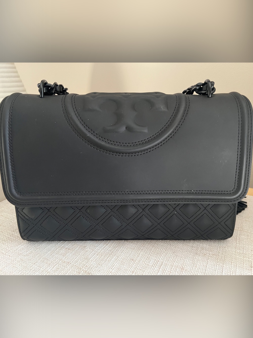 Large Tory Burch Matte Black Fleming Quilted Logo Shoulder Bag
